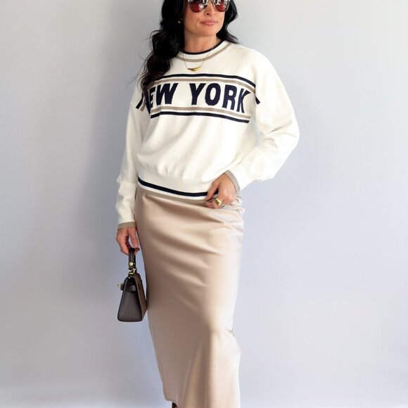 Women’s New York Varsity Knit Sweater – Ivory & Navy - Picture 9 of 10